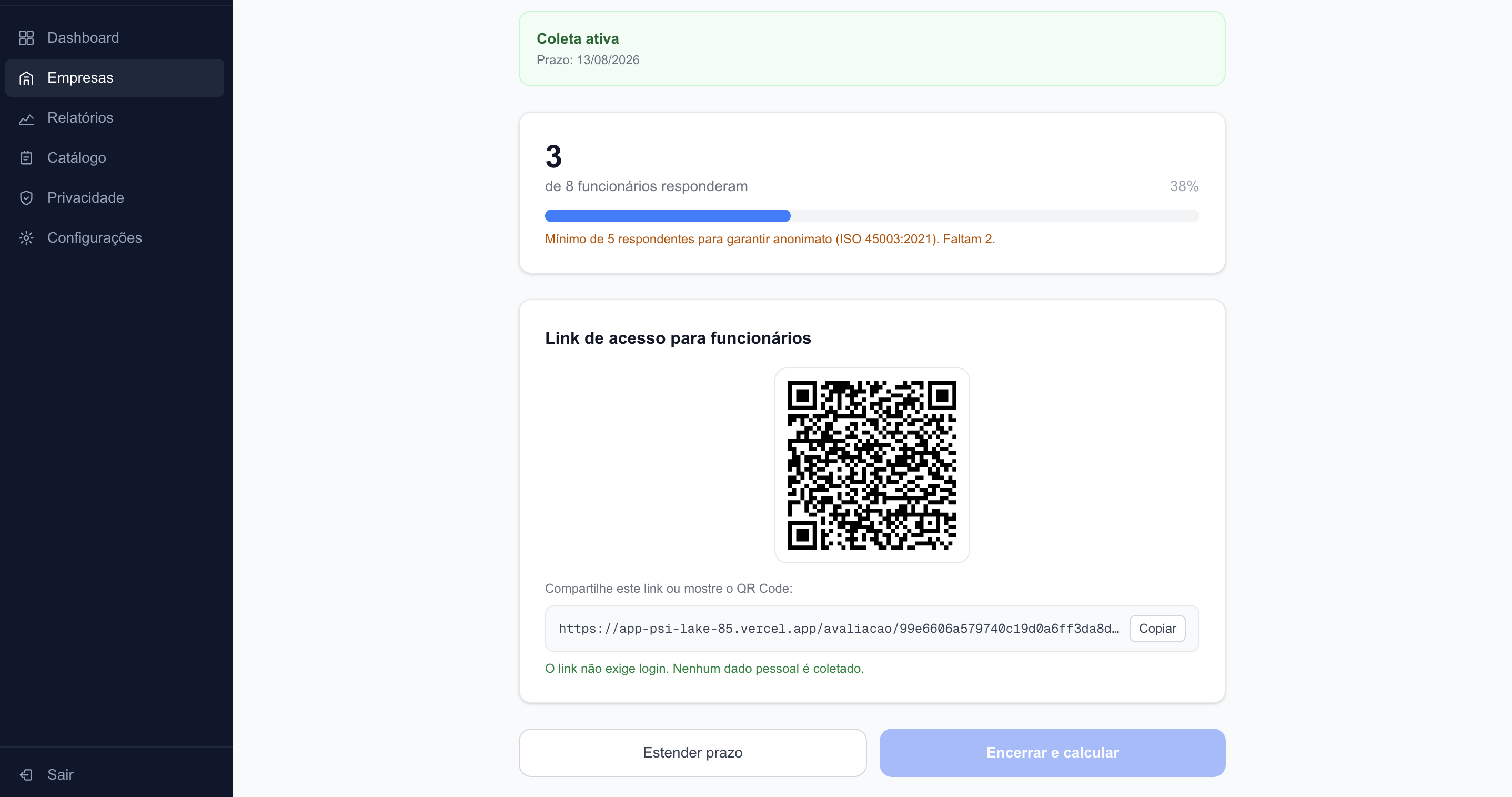 Página de coleta com QR Code e link de acesso anônimo